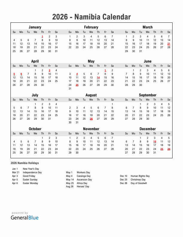 Year 2026 Simple Calendar With Holidays In Namibia