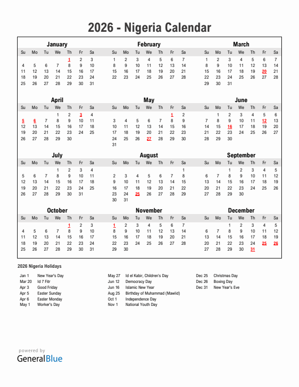 Year 2026 Simple Calendar With Holidays in Nigeria