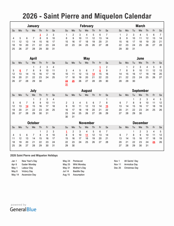 Year 2026 Simple Calendar With Holidays in Saint Pierre and Miquelon