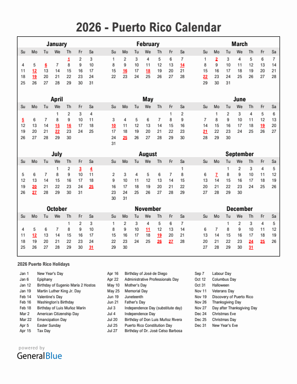 Year 2026 Simple Calendar With Holidays in Puerto Rico