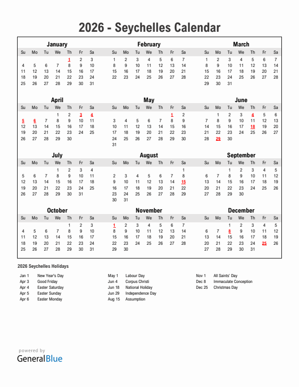 Year 2026 Simple Calendar With Holidays in Seychelles
