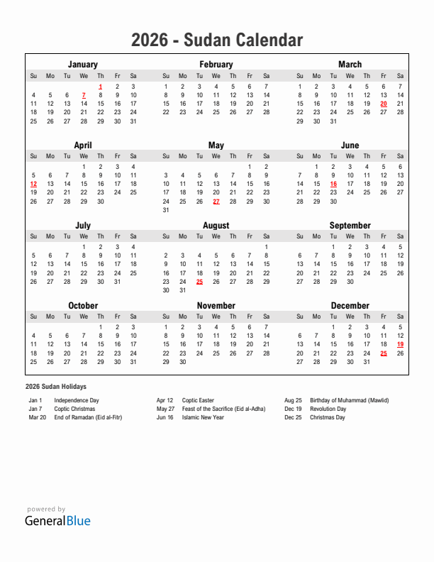Year 2026 Simple Calendar With Holidays in Sudan