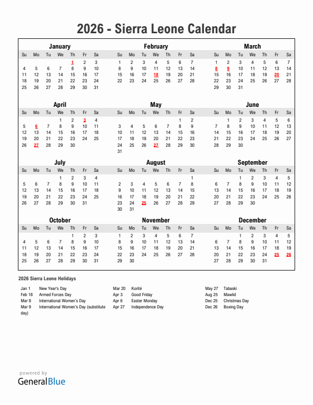 Year 2026 Simple Calendar With Holidays in Sierra Leone