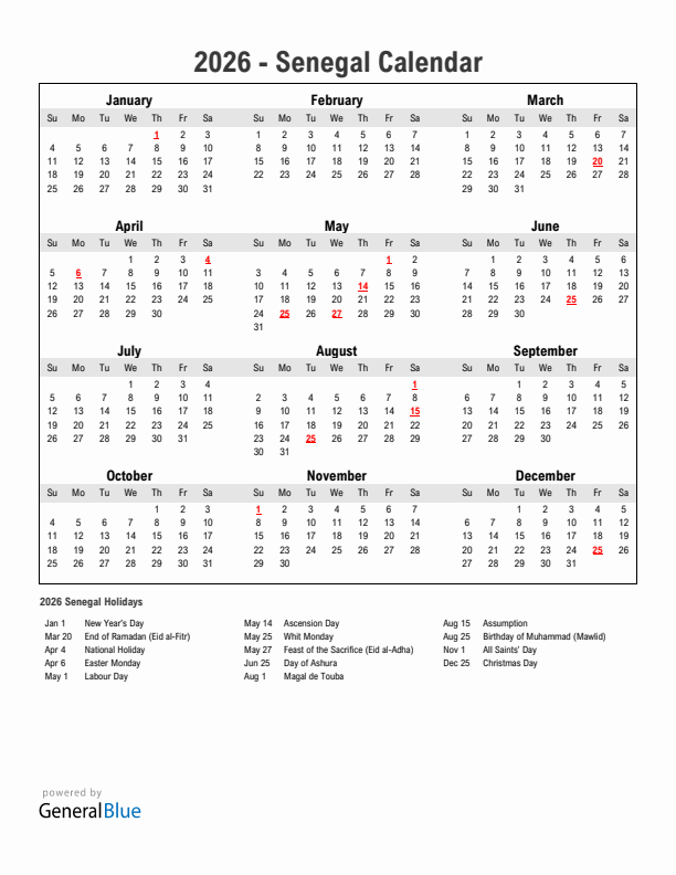 Year 2026 Simple Calendar With Holidays in Senegal