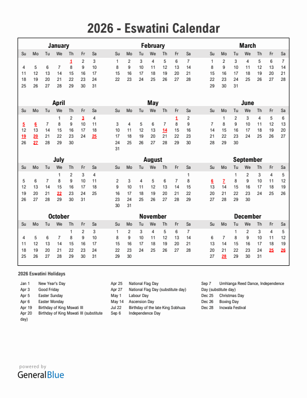 Year 2026 Simple Calendar With Holidays in Eswatini