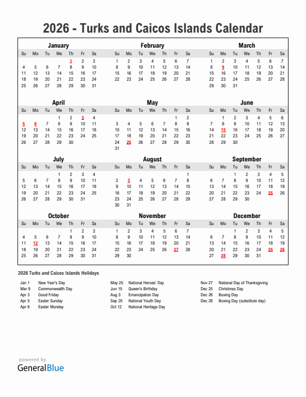 Year 2026 Simple Calendar With Holidays in Turks and Caicos Islands