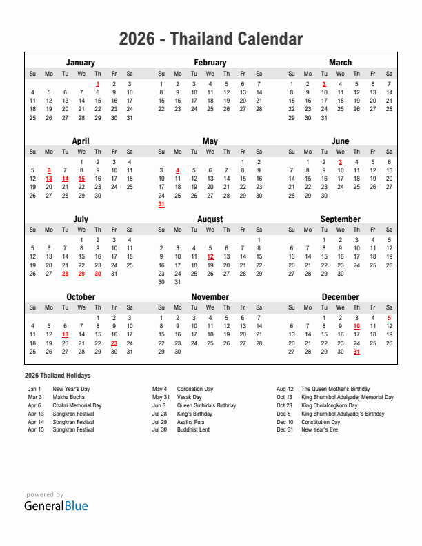 Year 2026 Simple Calendar With Holidays in Thailand