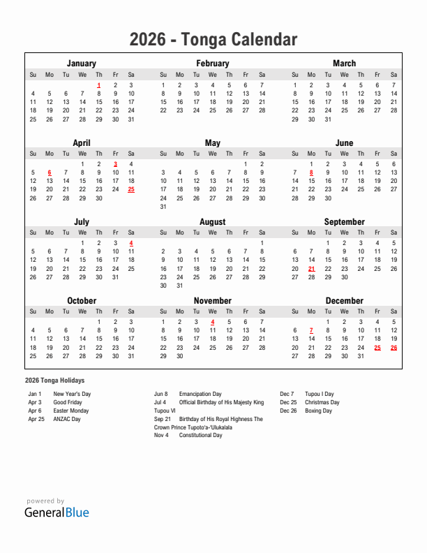Year 2026 Simple Calendar With Holidays in Tonga