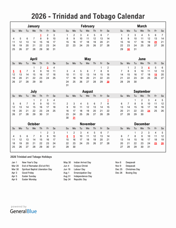Year 2026 Simple Calendar With Holidays in Trinidad and Tobago