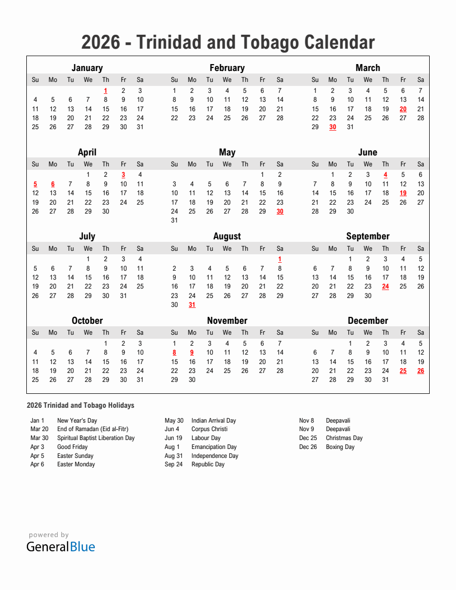 Year 2026 Simple Calendar With Holidays in Trinidad and Tobago