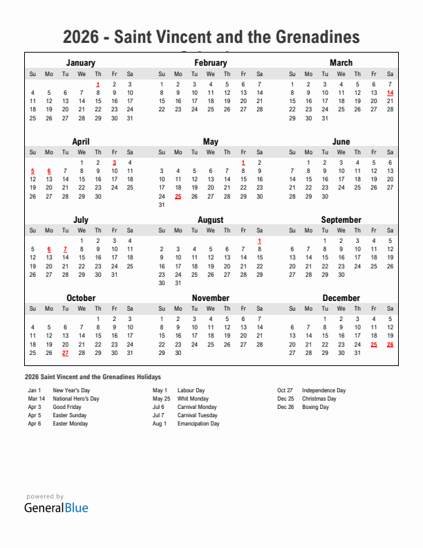 Year 2026 Simple Calendar With Holidays in Saint Vincent and the Grenadines