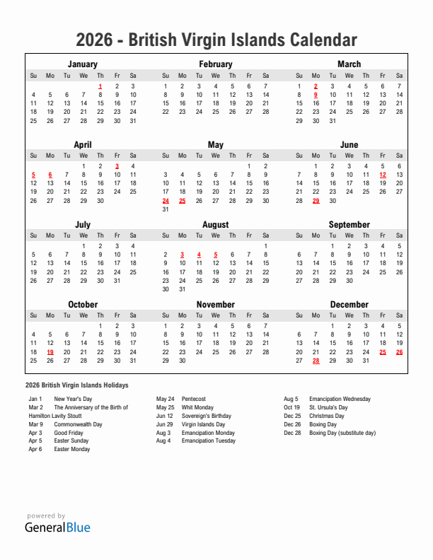 Year 2026 Simple Calendar With Holidays in British Virgin Islands
