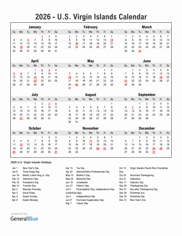 Year 2026 Simple Calendar With Holidays in U.S. Virgin Islands