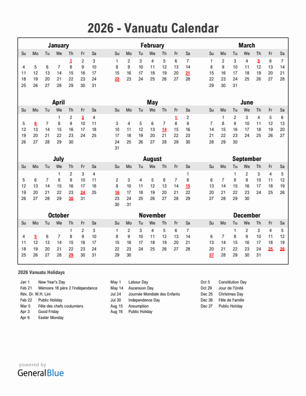 Year 2026 Simple Calendar With Holidays in Vanuatu