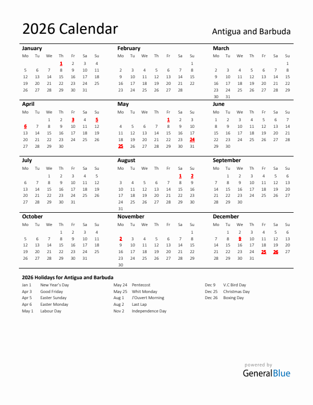 Standard Holiday Calendar for 2026 with Antigua and Barbuda Holidays