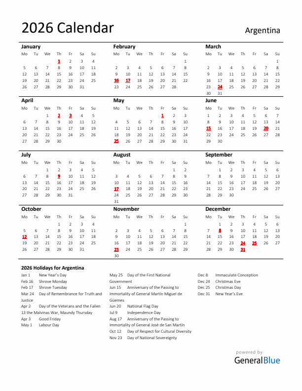 Standard Holiday Calendar for 2026 with Argentina Holidays 