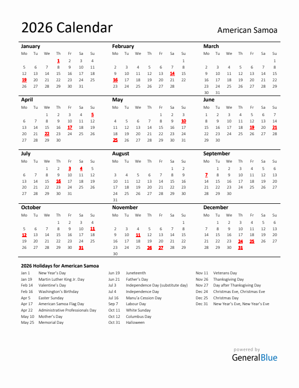 Standard Holiday Calendar for 2026 with American Samoa Holidays 