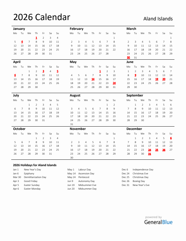 Standard Holiday Calendar for 2026 with Aland Islands Holidays