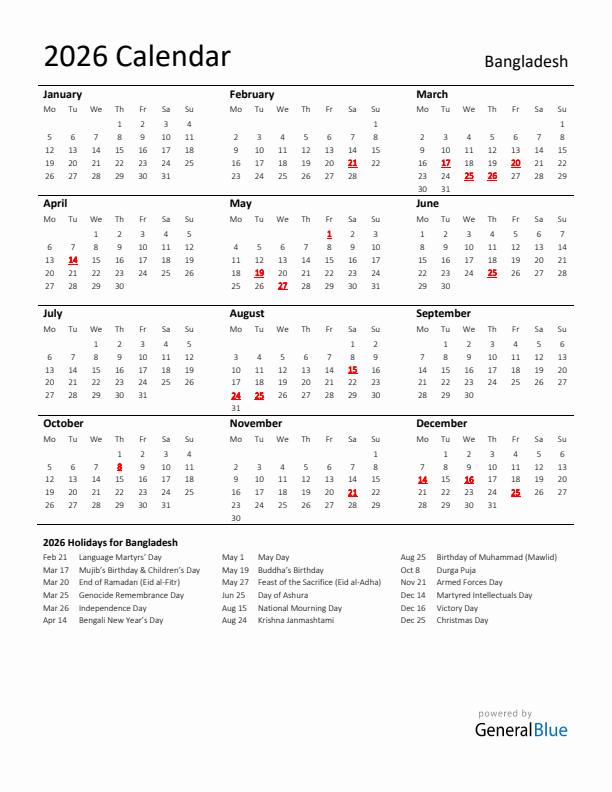 Standard Holiday Calendar for 2026 with Bangladesh Holidays