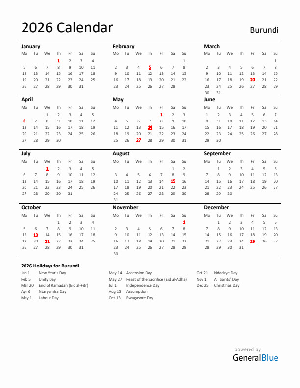 Standard Holiday Calendar for 2026 with Burundi Holidays