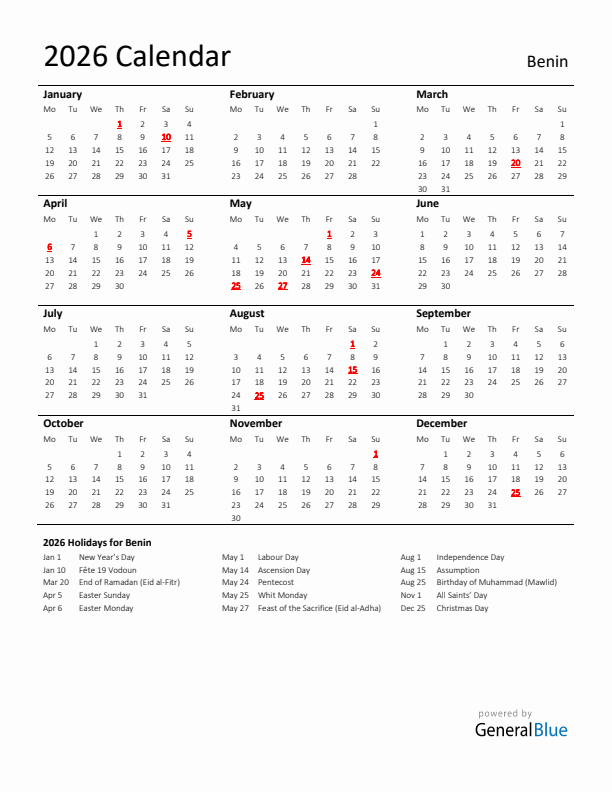 Standard Holiday Calendar for 2026 with Benin Holidays