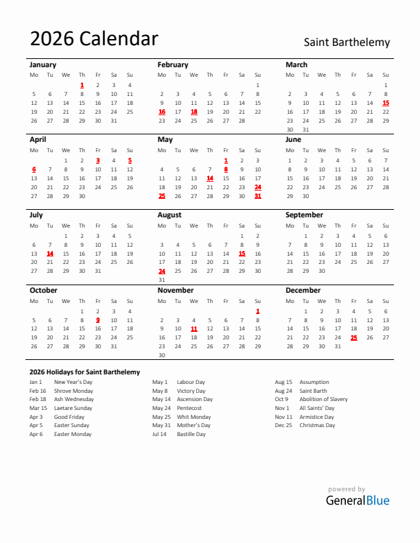 Standard Holiday Calendar for 2026 with Saint Barthelemy Holidays