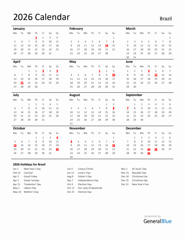 Standard Holiday Calendar for 2026 with Brazil Holidays
