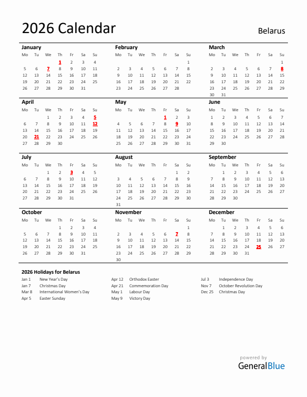 Standard Holiday Calendar for 2026 with Belarus Holidays