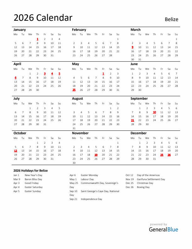 Standard Holiday Calendar for 2026 with Belize Holidays