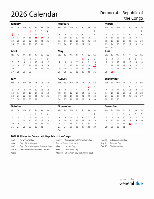 Standard Holiday Calendar for 2026 with Democratic Republic of the Congo Holidays