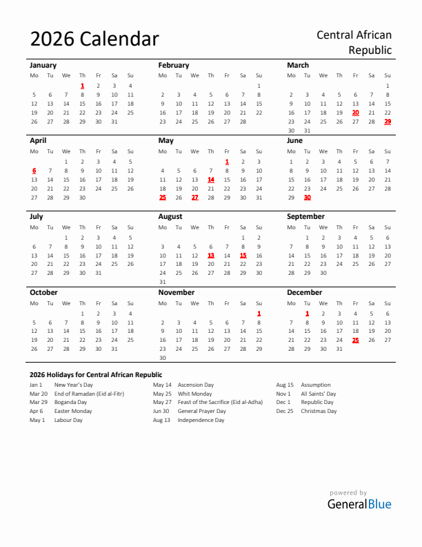 Standard Holiday Calendar for 2026 with Central African Republic Holidays