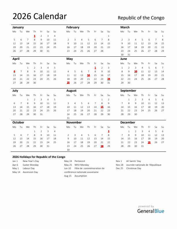 Standard Holiday Calendar for 2026 with Republic of the Congo Holidays 