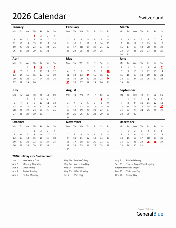 Standard Holiday Calendar for 2026 with Switzerland Holidays