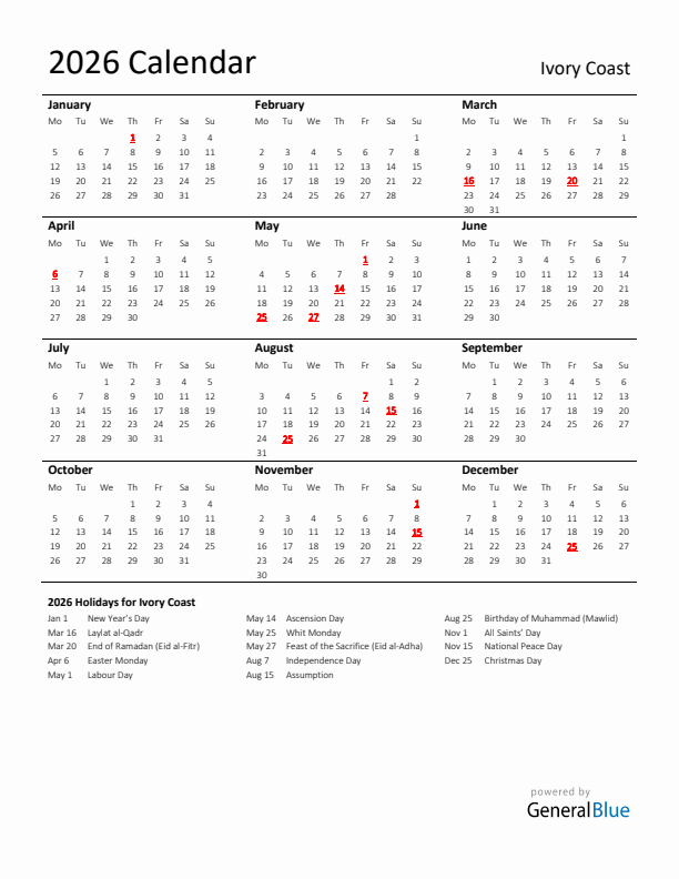 Standard Holiday Calendar for 2026 with Ivory Coast Holidays 