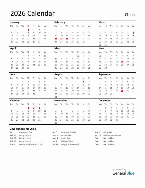 Standard Holiday Calendar for 2026 with China Holidays