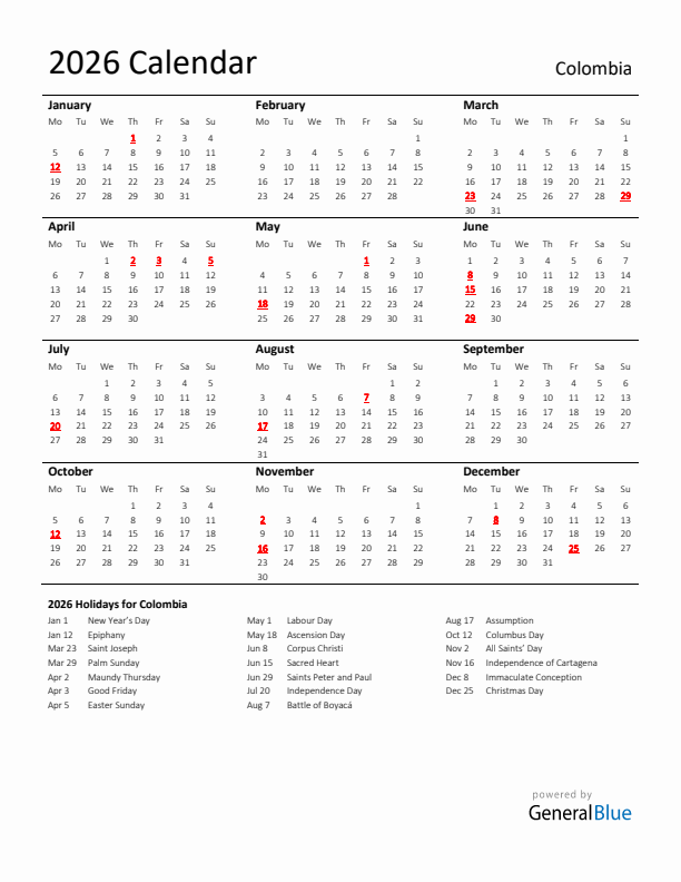 Standard Holiday Calendar for 2026 with Colombia Holidays
