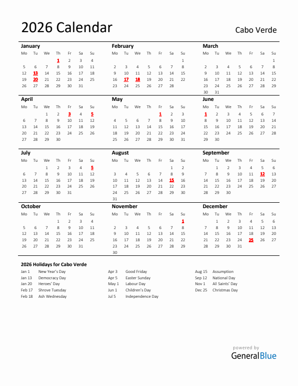 Standard Holiday Calendar for 2026 with Cabo Verde Holidays