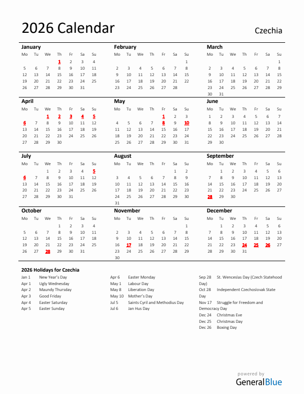 Standard Holiday Calendar for 2026 with Czechia Holidays 