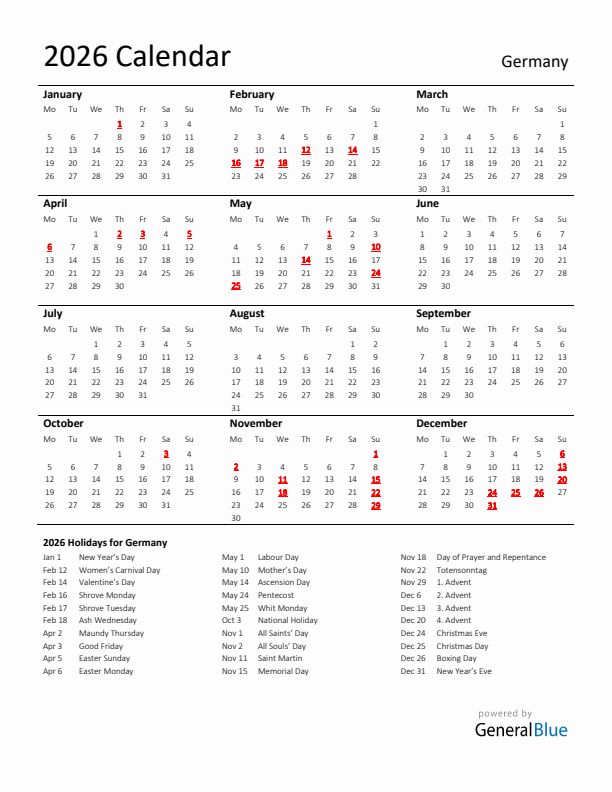 Standard Holiday Calendar for 2026 with Germany Holidays