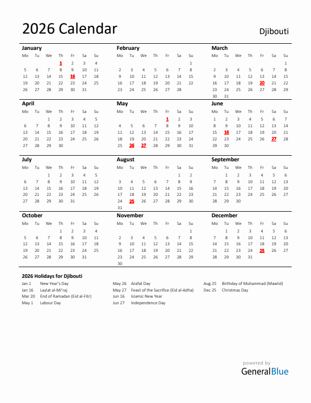 Standard Holiday Calendar for 2026 with Djibouti Holidays 
