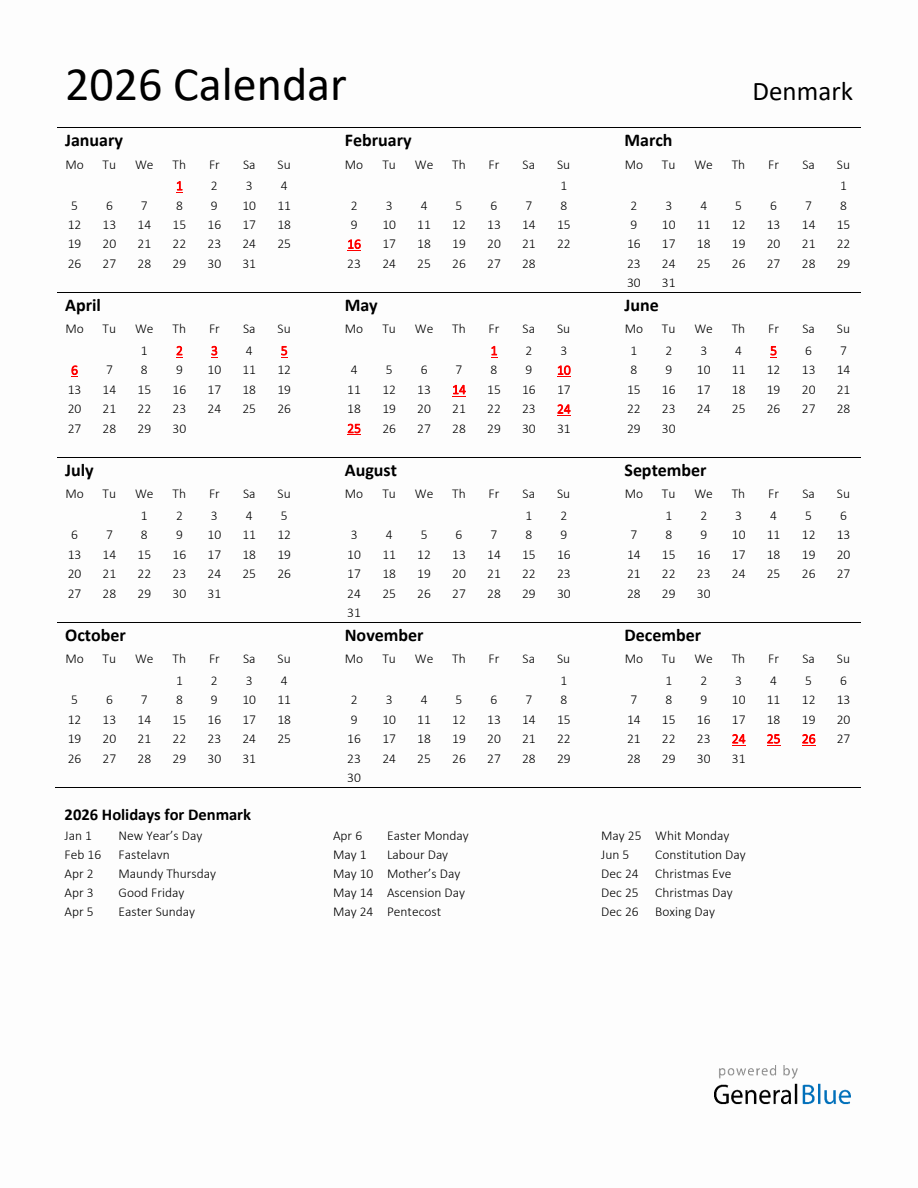 Standard Holiday Calendar for 2026 with Denmark Holidays