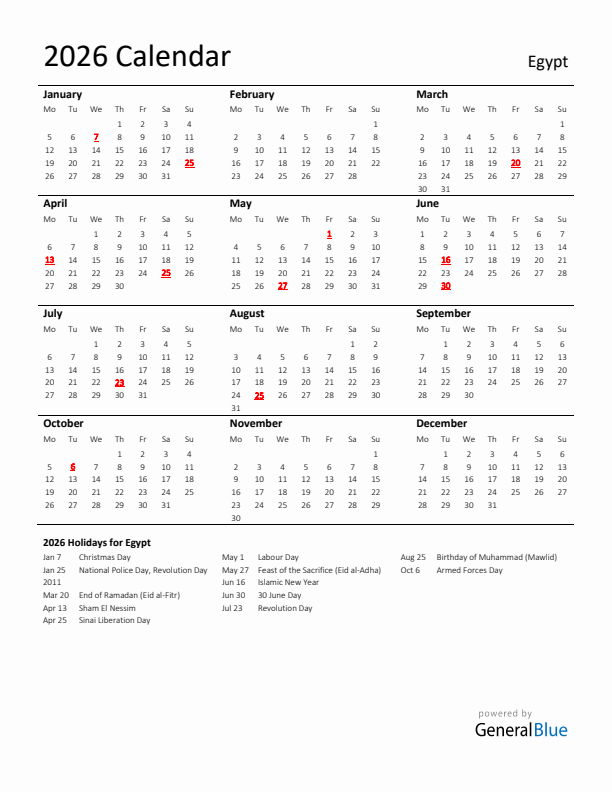 Standard Holiday Calendar for 2026 with Egypt Holidays 