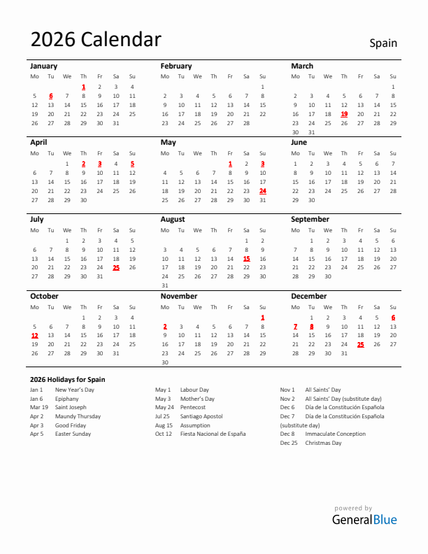 Standard Holiday Calendar for 2026 with Spain Holidays
