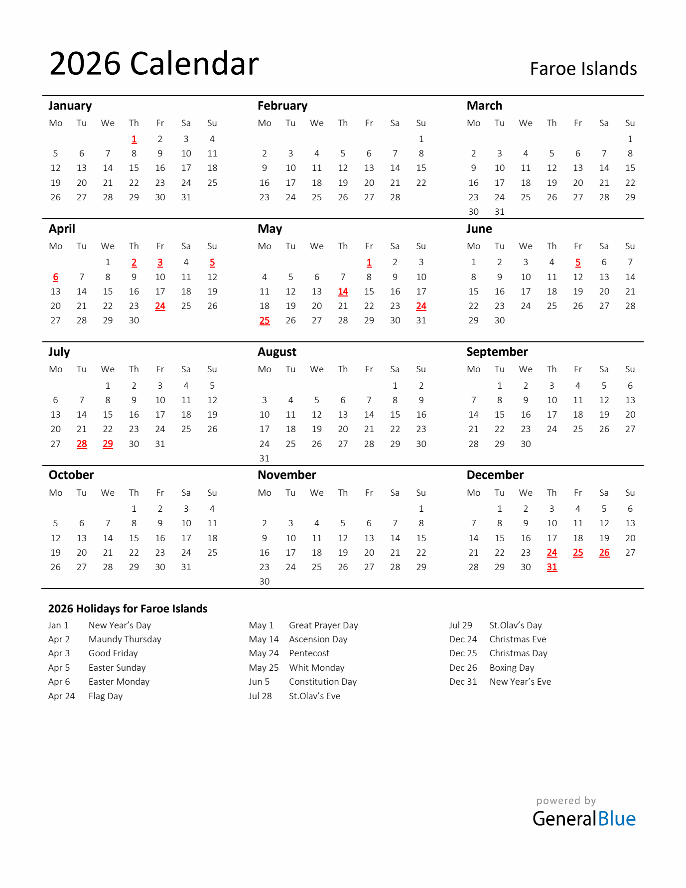 Standard Holiday Calendar for 2026 with Faroe Islands Holidays