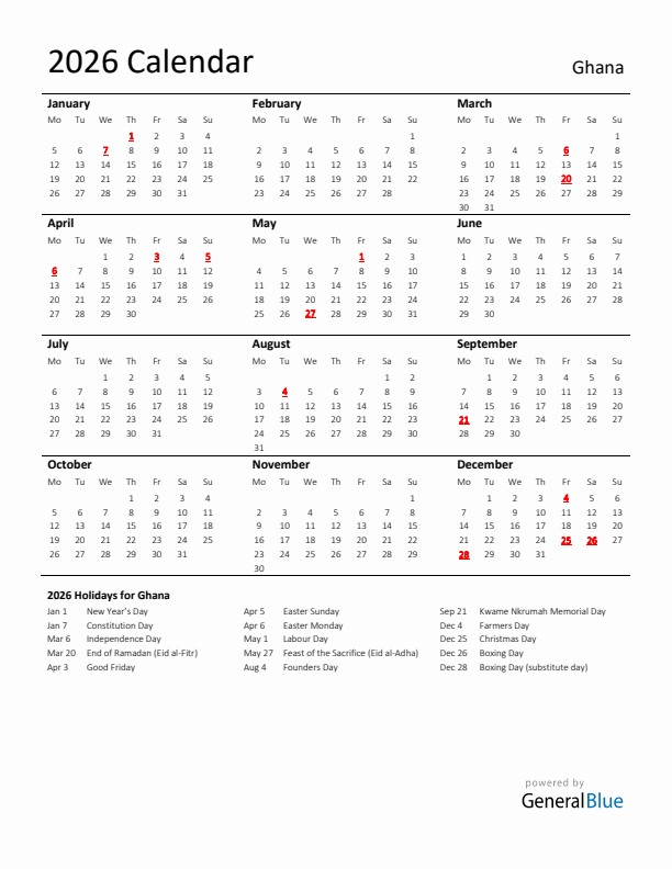 Standard Holiday Calendar for 2026 with Ghana Holidays