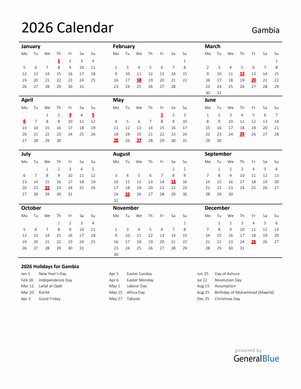 Standard Holiday Calendar for 2026 with Gambia Holidays 