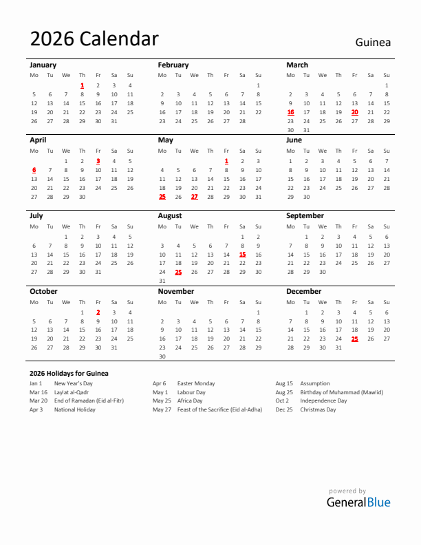 Standard Holiday Calendar for 2026 with Guinea Holidays 