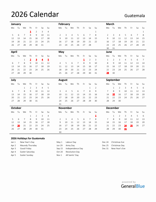 Standard Holiday Calendar for 2026 with Guatemala Holidays