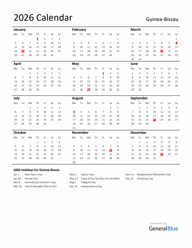 Standard Holiday Calendar for 2026 with Guinea-Bissau Holidays 