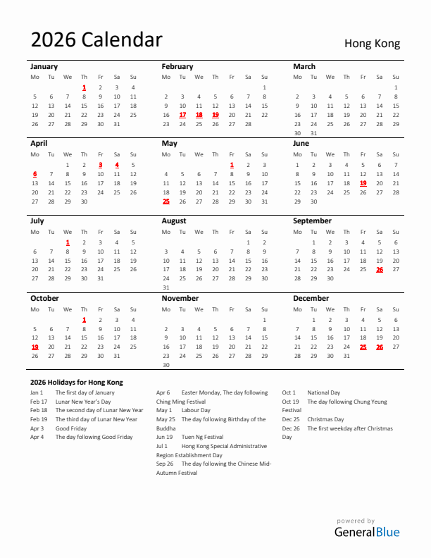 Standard Holiday Calendar for 2026 with Hong Kong Holidays 